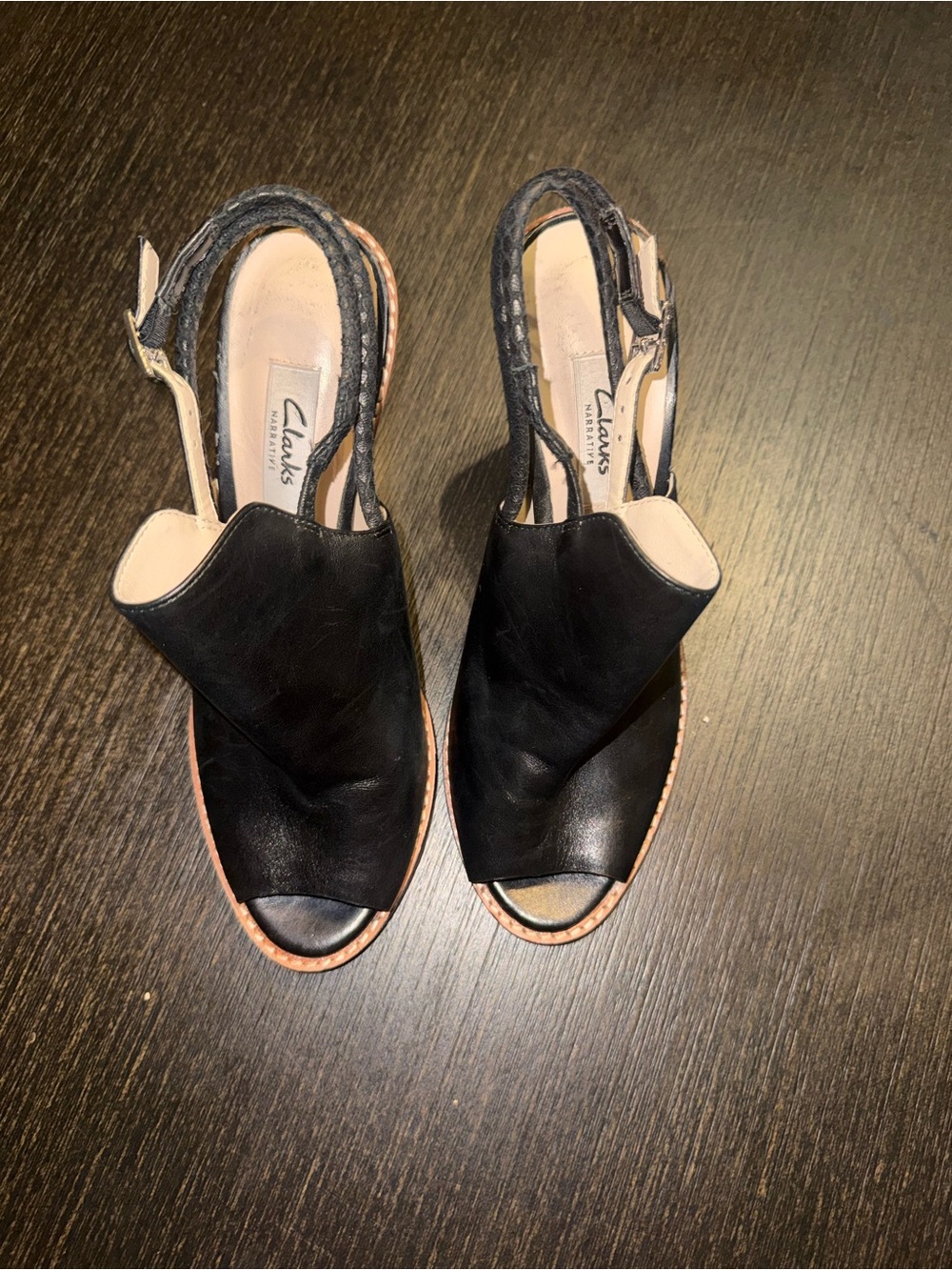 Clarks Sarina Billy Black Leather Peep Open Toe Wedge Sandals Size 7.5 - Picture 4 of 7